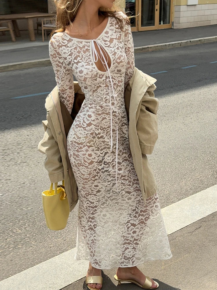 White Sheer Lace Long Sleeves Maxi Dress