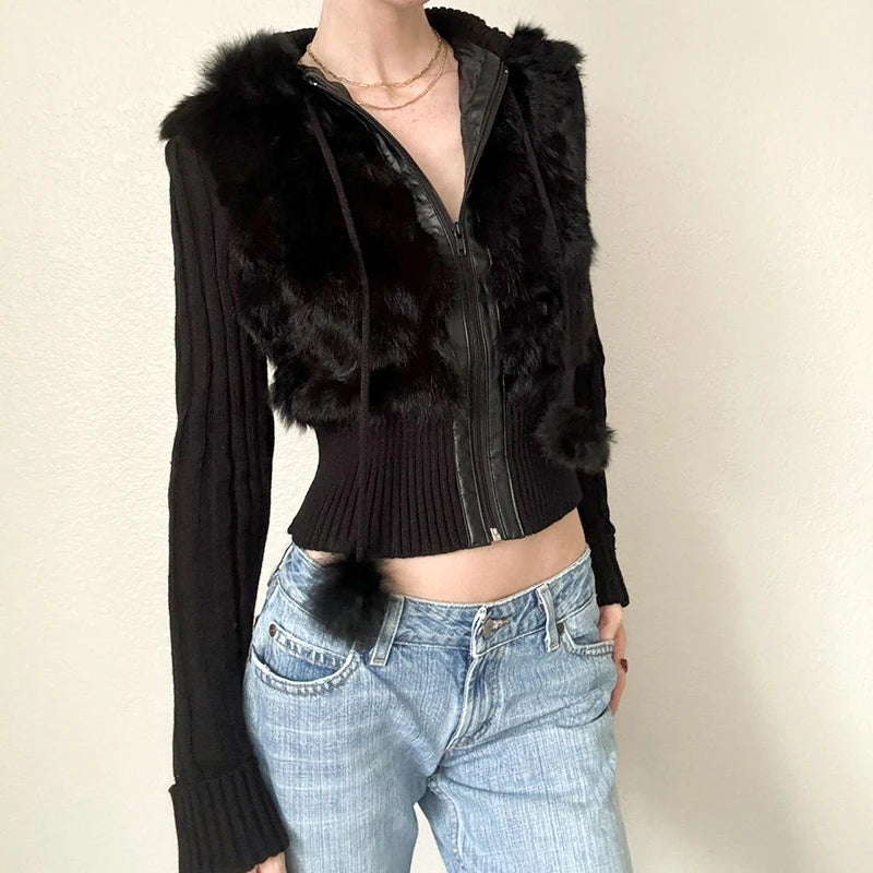 Zip Up Fur Patchwork Drawstring Hoodie Coats 's Jackets