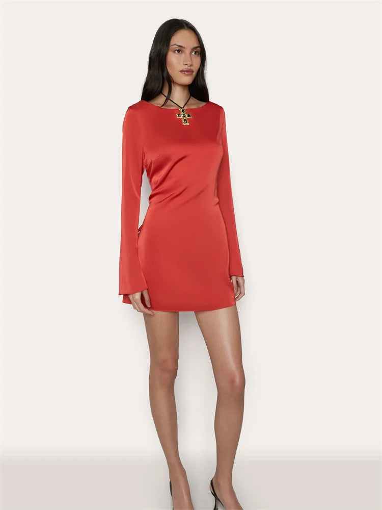 Satin Hollow Out Backless O-Neck Dress Long Sleeve Pullover Slim Fit Short Night Dress