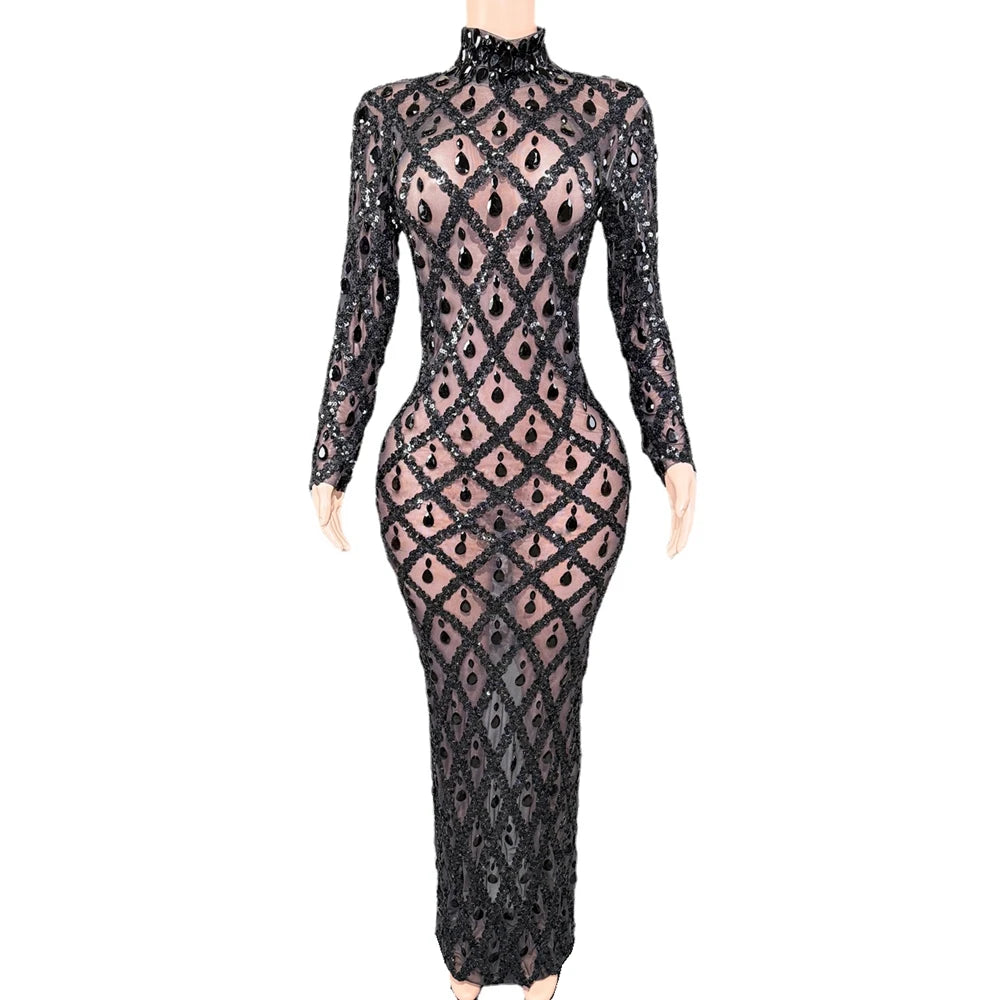 Sparkly Sequins Crystals Long Dress Prom Birthday Dress Transparent Performance Costume Show Stage Wear