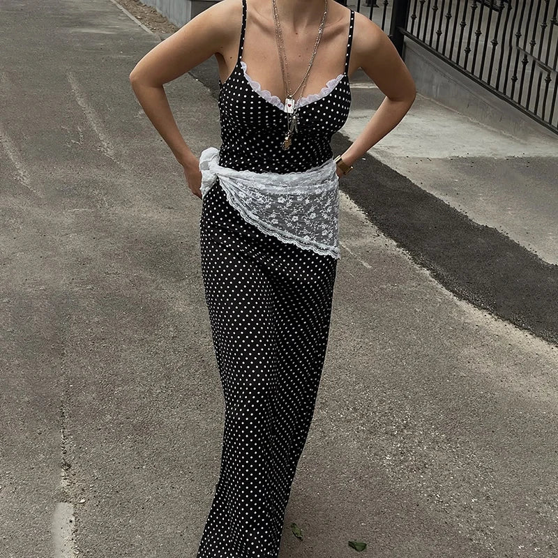Black Polka Dot V-Neck Lace Slim Midi Dress