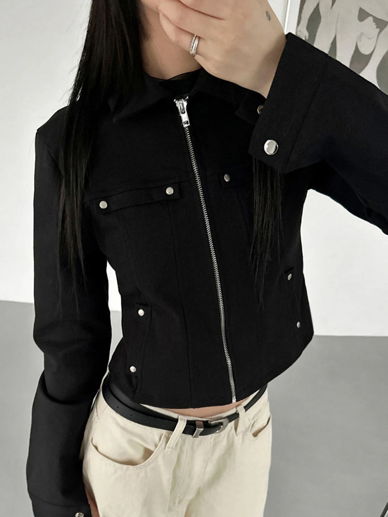 's Rivet Jacket Black Zip-Up with Pockets Long Sleeve Coats Cropped Design