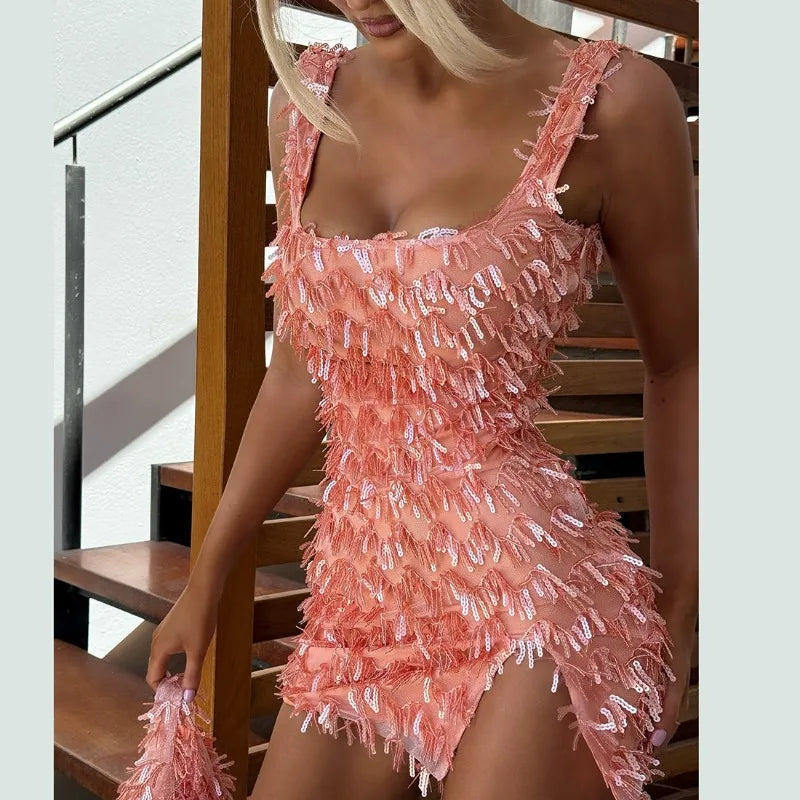 Orange Sequins Backless Split Mini Dress