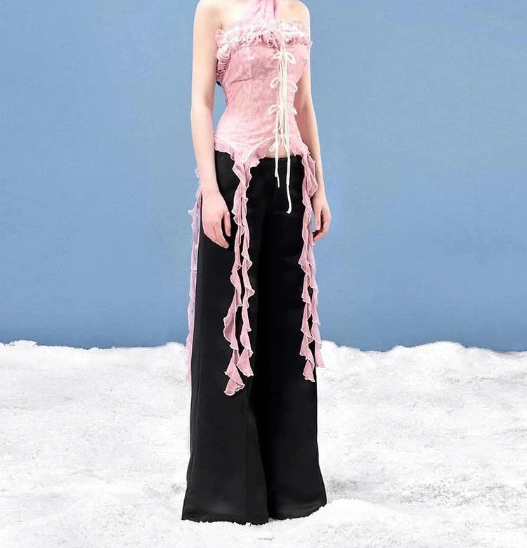 Mesh Scarf Patchwork Lace Ruffled Irregular Hem Long Tassels Frenulum Street Skinny Versatile Girly Sweet Top