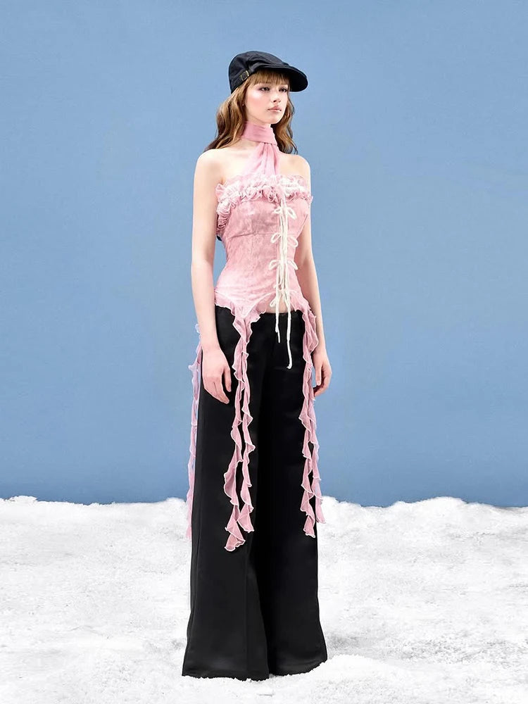 Mesh Scarf Patchwork Lace Ruffled Irregular Hem Long Tassels Frenulum Street Versatile Girly Sweet Top
