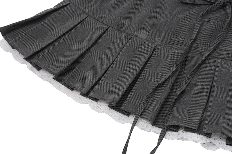 Gray Lace Up Pleated Mini Skirt