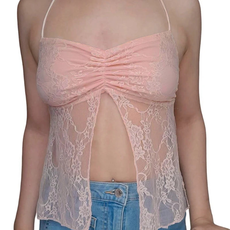 Lace Camisole Backless Lace-up Retro See-through Bustiers Fairycore Halter Neck Top
