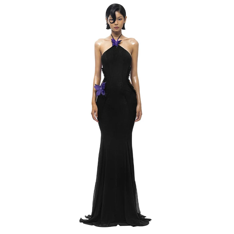 Butterfly Halter See Through Hollow Out Maxi Dress