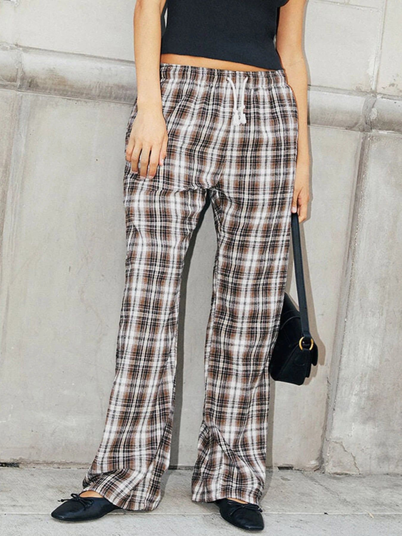 Drawstring Plaid Pants Elastic Waisted Sweatpants Straight Pants