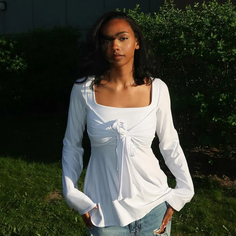 Square Neck With Bow Tie Flare Long Sleeve Top