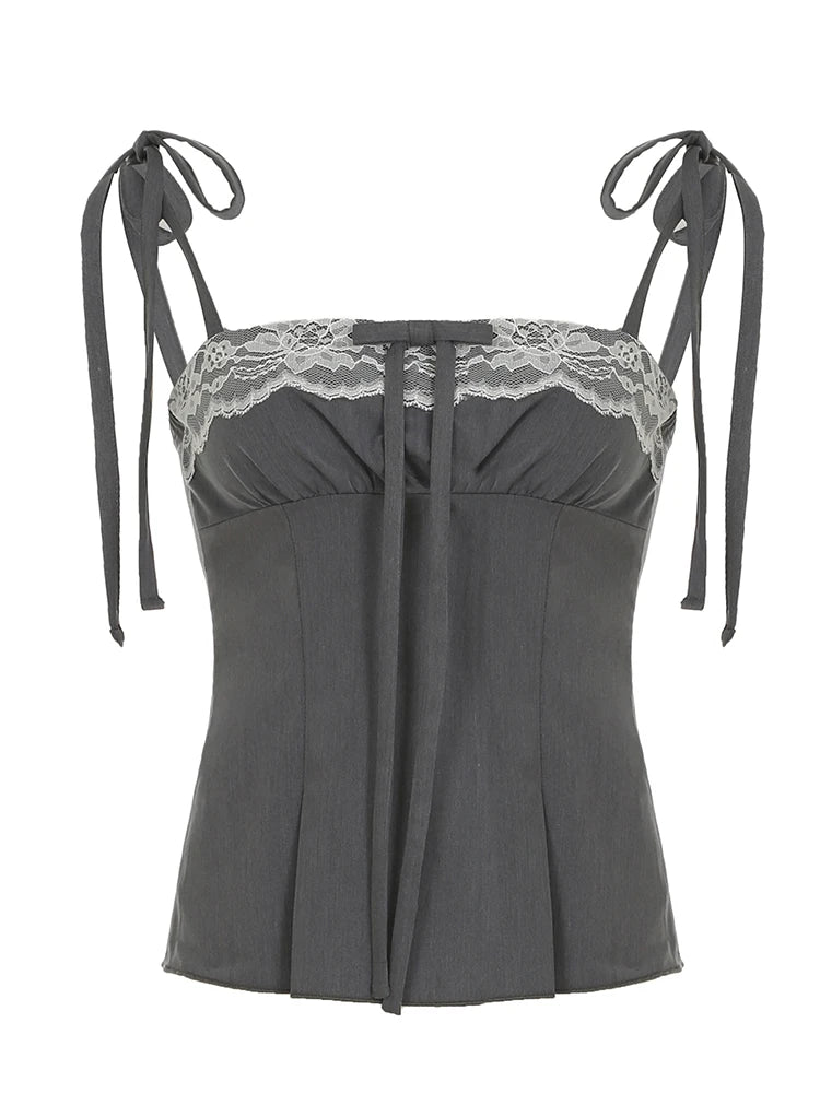 Gray Lace Bow Slim Top