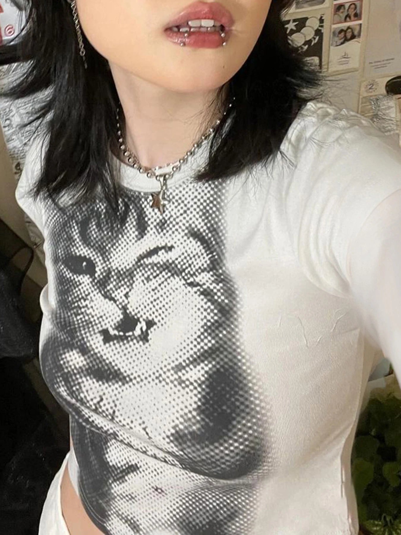 Cartoon Cat Crop Tee Long Sleeve Fairycore Tee