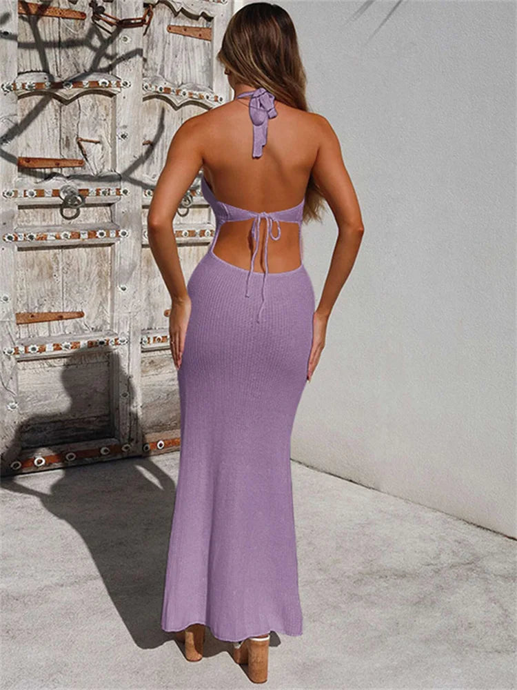 Knitted Crochet Maxi Dress See Through Halter Low Neck Backless Concise Street