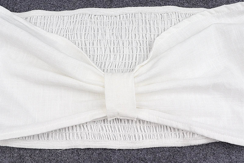 White Off Shoulder Crop Top Deep V-neck Puff Long Sleeves T Shirt Bow Exposed Navel Top wear