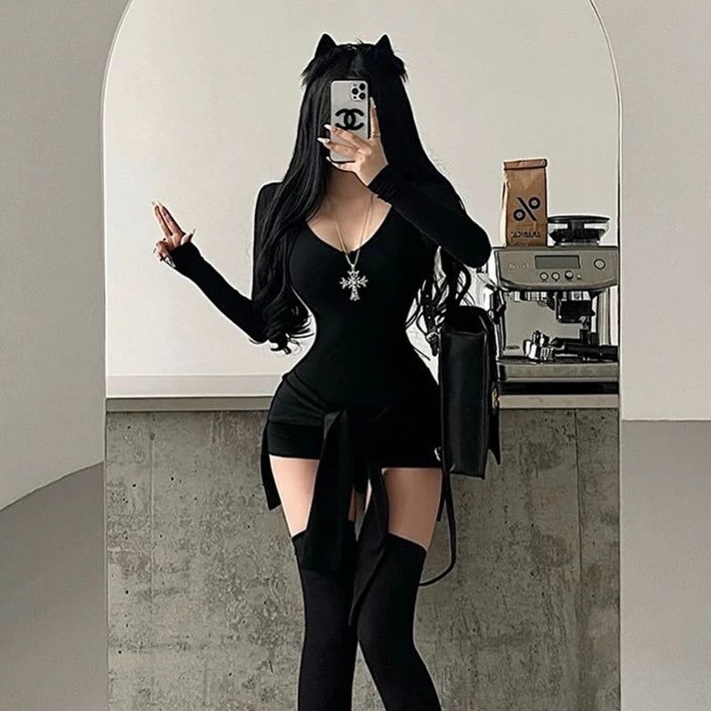 Round Neck Long-Sleev Slim Strap Wait Playuit Figure Sport