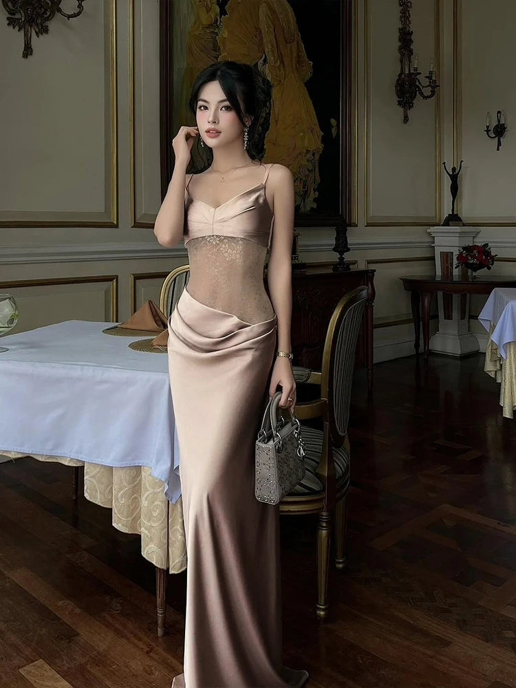 Supendency Maxi Dress Silk Embroidery Lace Low Neck Bodycon Banquet