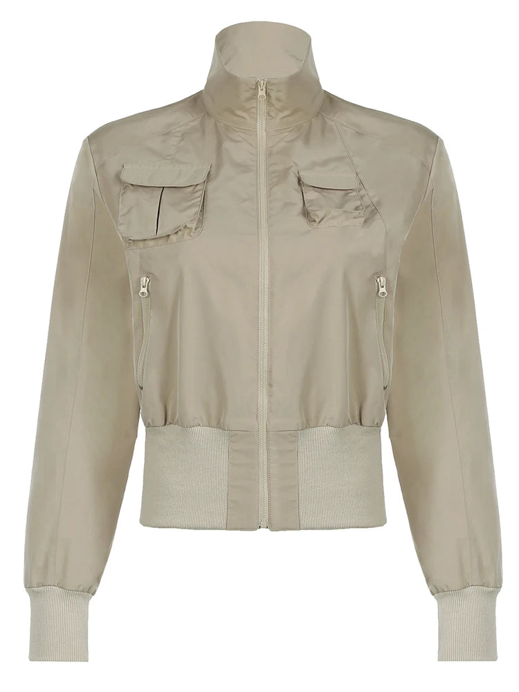 Patchwork Jackets Pockets Turn-down Collar 's Coats Zipper