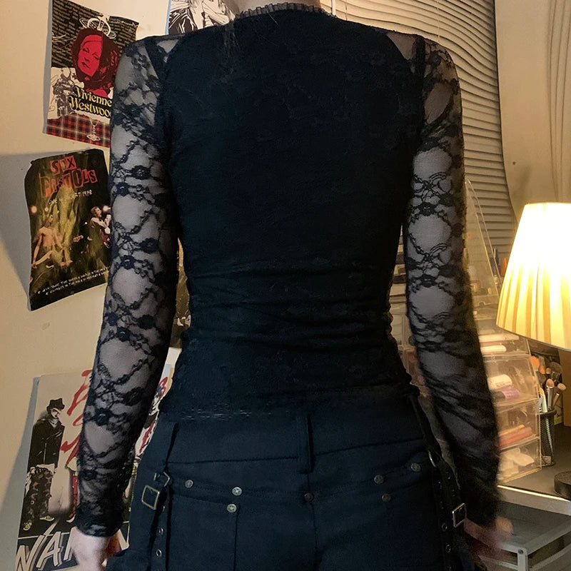 Lace Patchwork Long Sleeves Slim Tee Shirts V-neck Bow Black Top