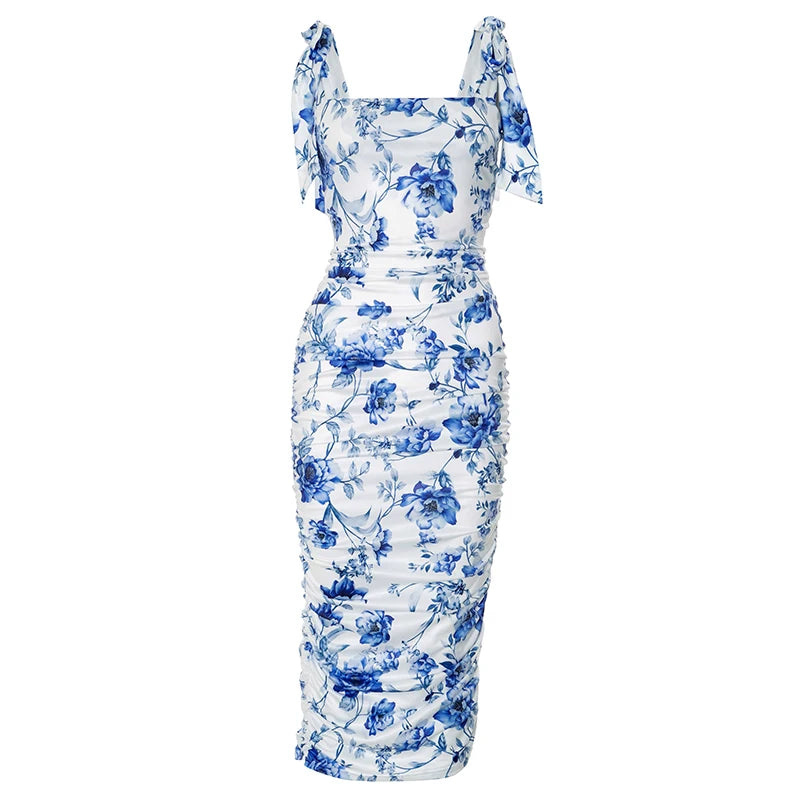 'S Spring And Shrink Pleated Package Hip Slim Printing Camisole Tie Dress Dress
