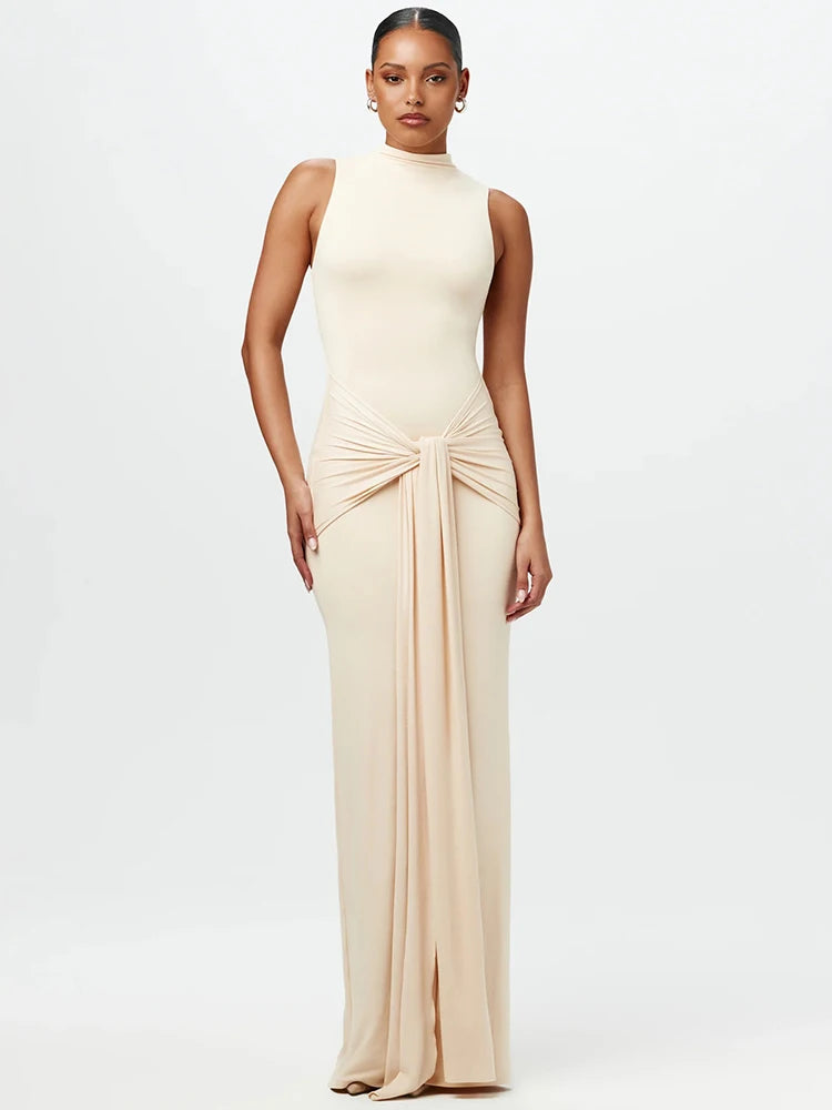 Half High Collar Irregular Tank Dress Sleeveless Bodycon Ruched Long Dress