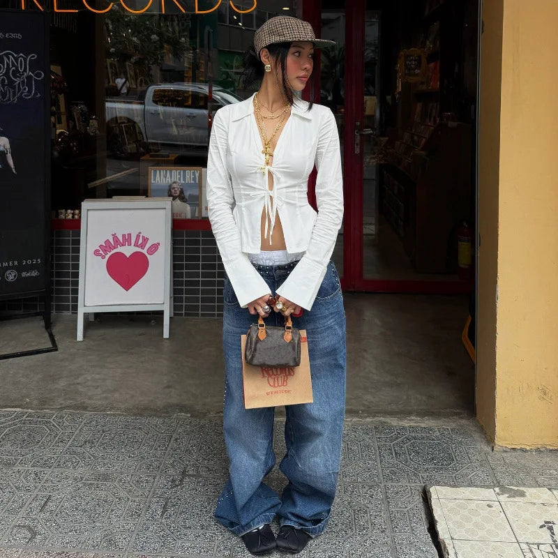 White V-Neck Long Sleeve Slim Top