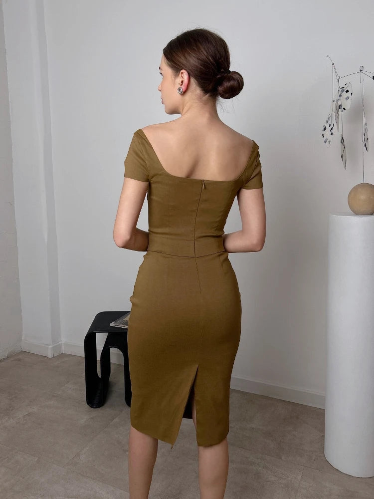 Knee Length Midi Dress Olive Green One Piece Dress Slim Square Neck and Cape Sleeve Office Lady Dress