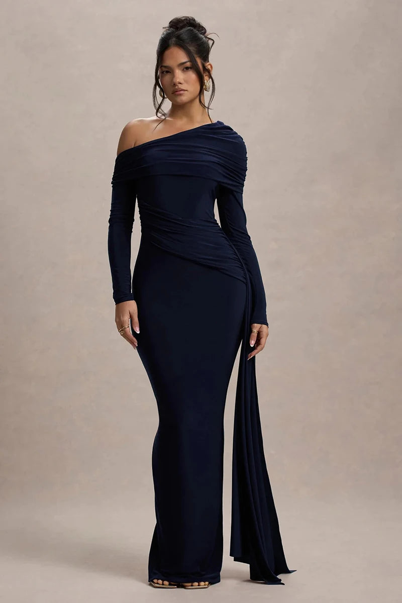 Skew Collar Long Sleeve Maxi Dress Gown Backless Draped Ruched Bodycon Long Dress