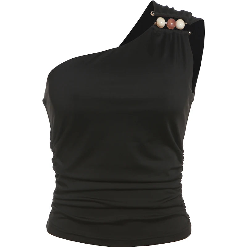 Pearl Patchwork Tank Top Skew Collar Backless Vest Spring Simple Classic