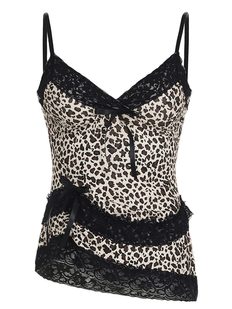 Lace Patchwork Camisole Leopard Print Backless Top V-neck Sleeveless Fairycore