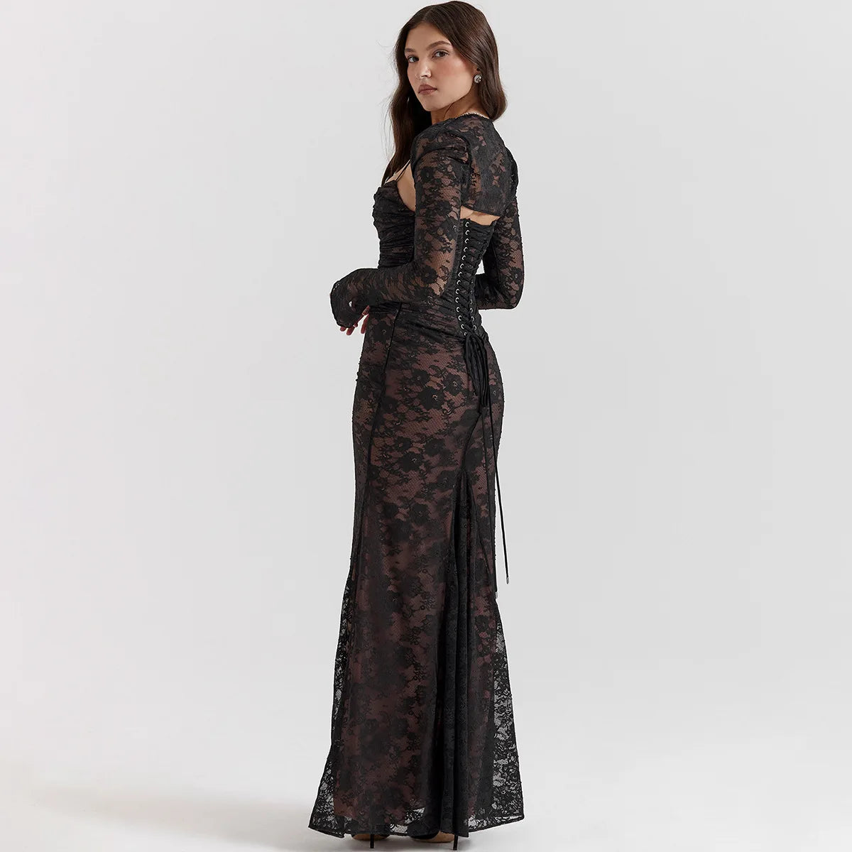 Lace Hollow Out Long Sleeve Two Piece Set