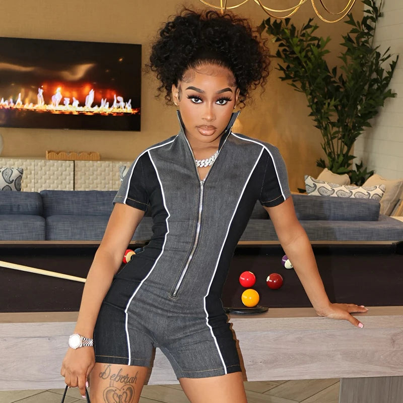 Color Collision Collar Zipper Stretch Sports Short-Sleev Playsuits