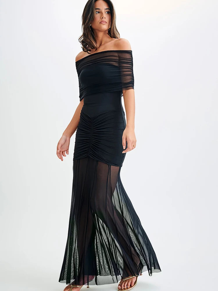Off Shoulder Ruched Maxi Dress Apricot Backless High Waist Dress