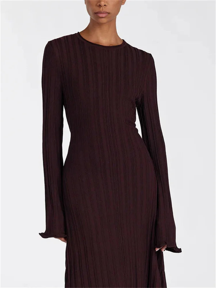 Knit Loose Maxi Dress Lace-Up High Waist Ribbed Long Sleeve Dress Knit Long Dress