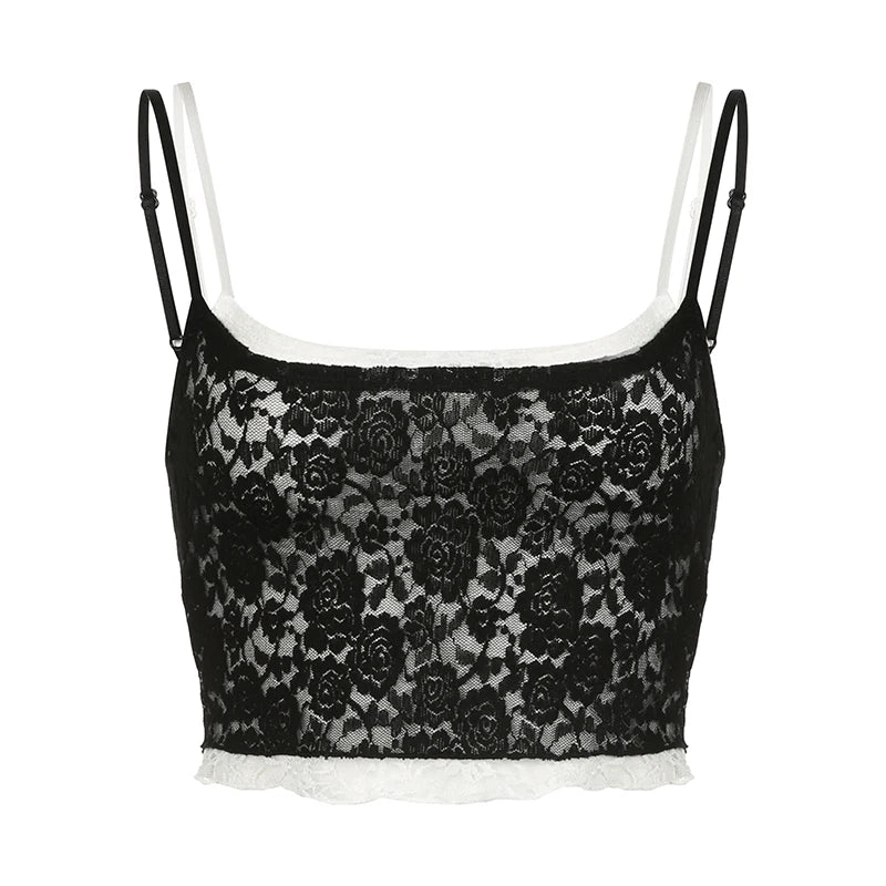 Transparent Cropped Camisole Two-layers Lace Bustiers Adjustable Straps Slim 's Shirts