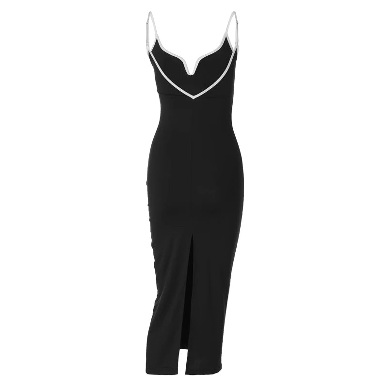 Black V Neck Lace Up Slit Slim Maxi Dress