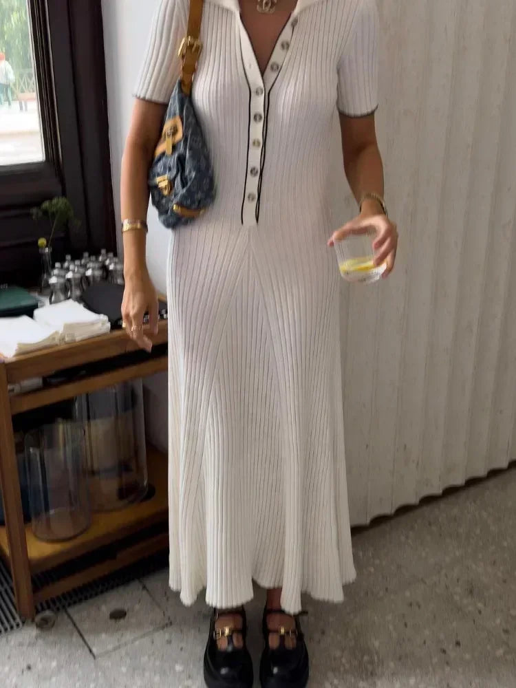 White Knit Maxi Dress Short Sleeve Patchwork Dress Lapel High Waist Knit Dress
