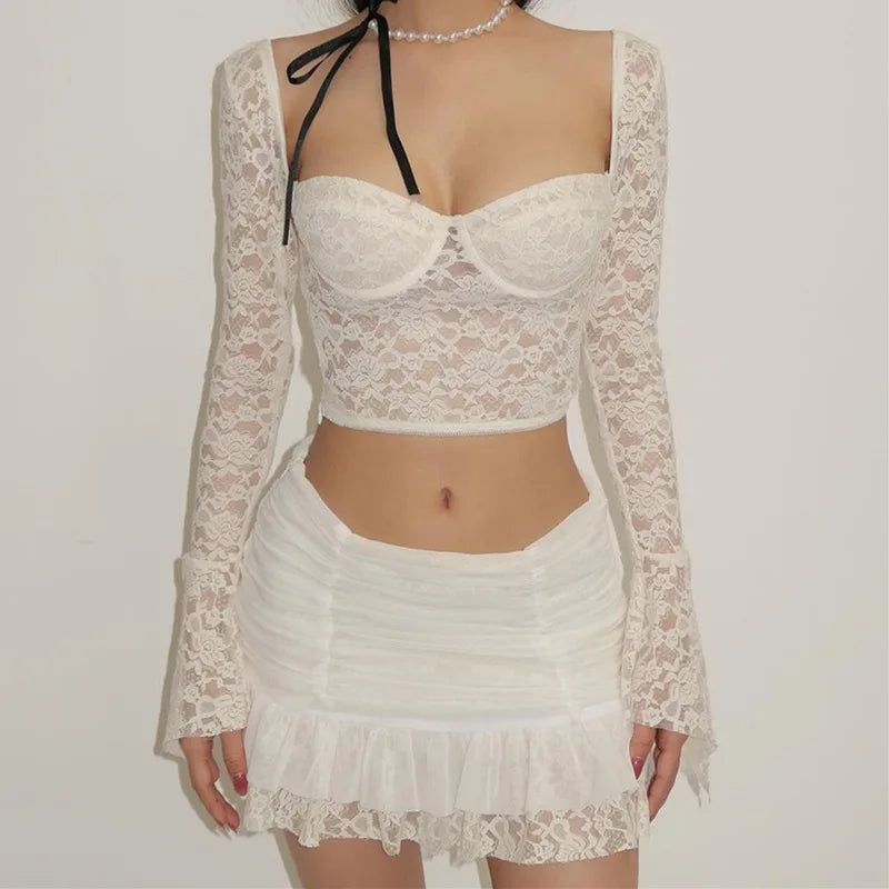 Lace See Through Top and Skirt Set