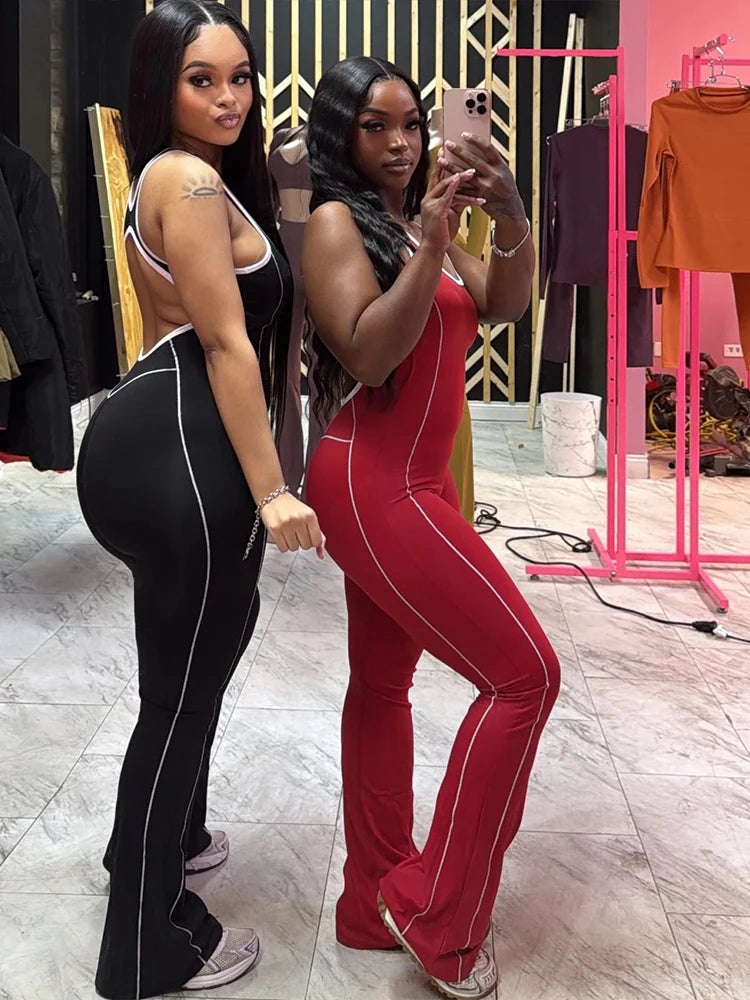 Panell Stripe Jumpuit Sporty O-neck Sleevele Backless Skinny Overall Active One Piece