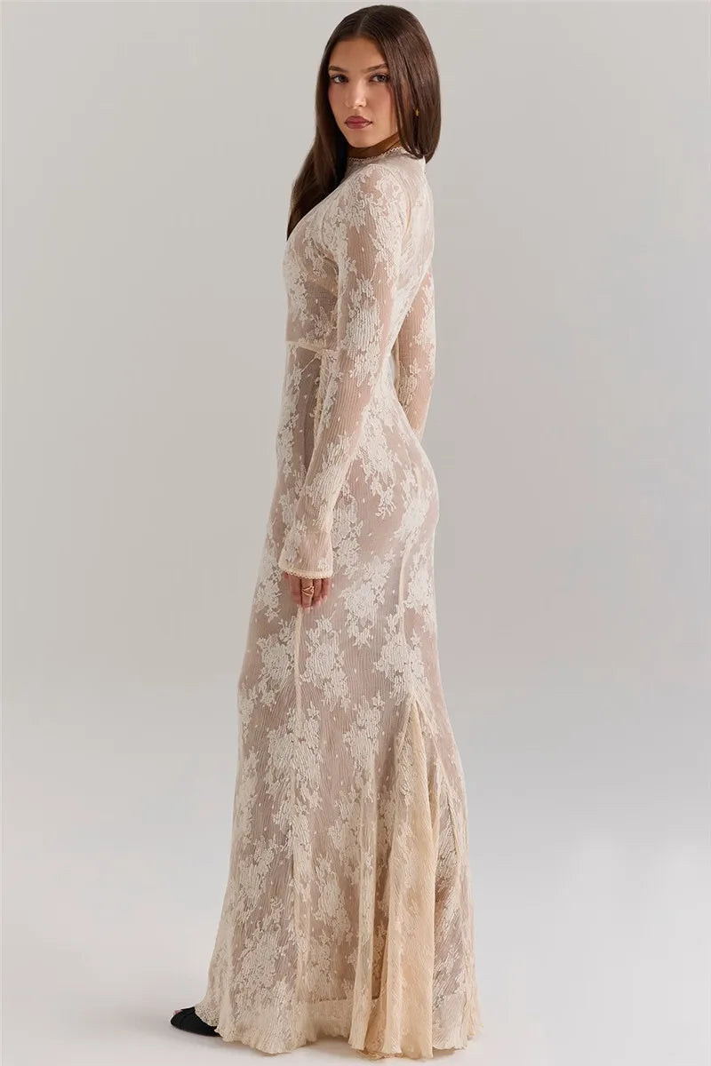 Lace Long Sleeve Maxi Dress White Zipper Half High Collar Bodycon Long Dress