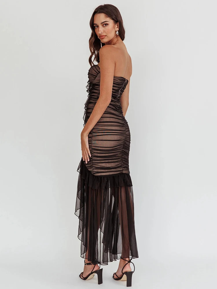 Mesh Patchwork Ruffle Edge Double Layered Dress For Bodycon Zipper Tight Dress