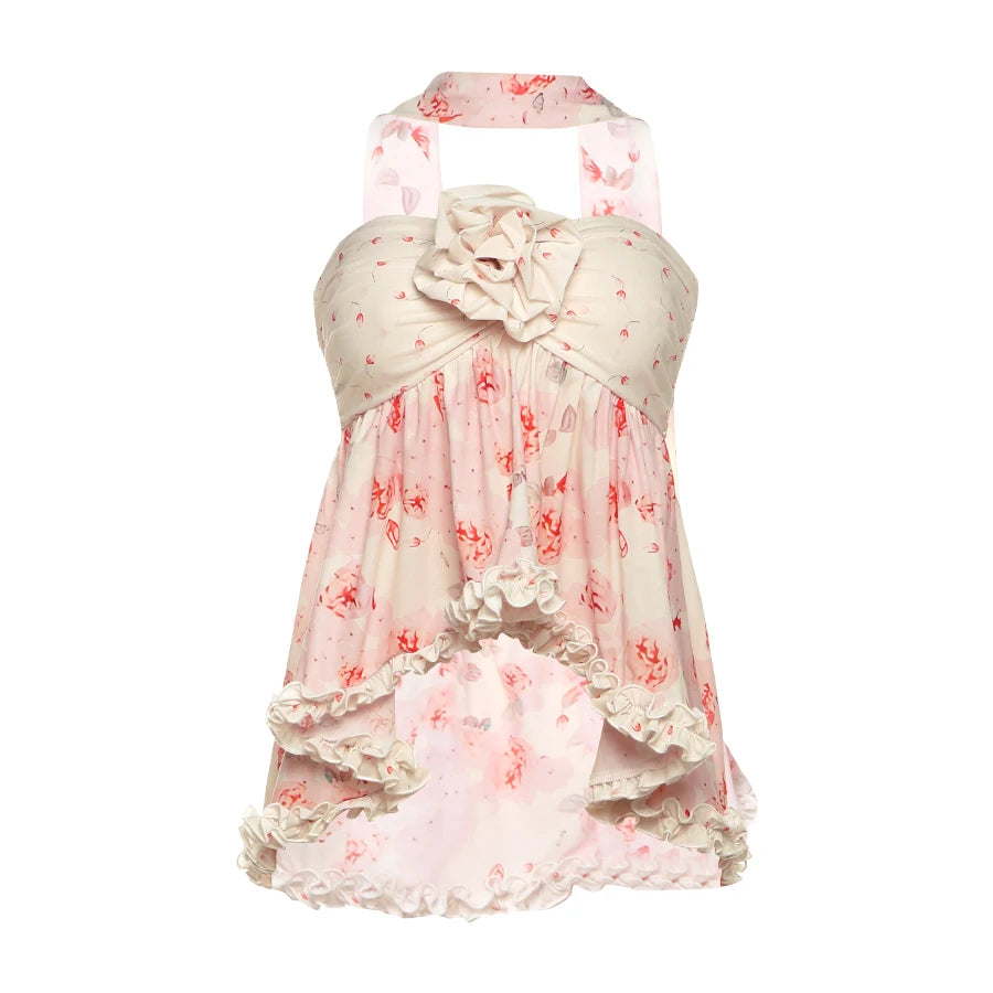 Patchwork Sweet Wrap Top Scarf Floral Ruffles printing Irregular Hem Three-Dimensional Flower Decoration Bandeau
