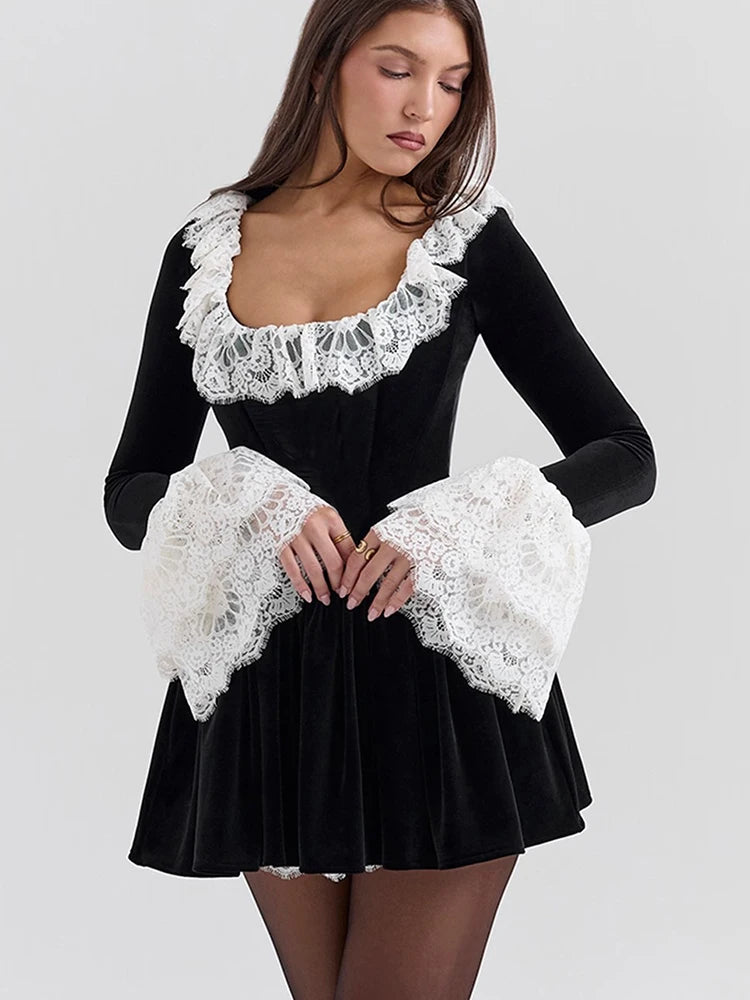 Patchwork Square Collar Lace Dress Black Flare Sleeve French Dress Slim