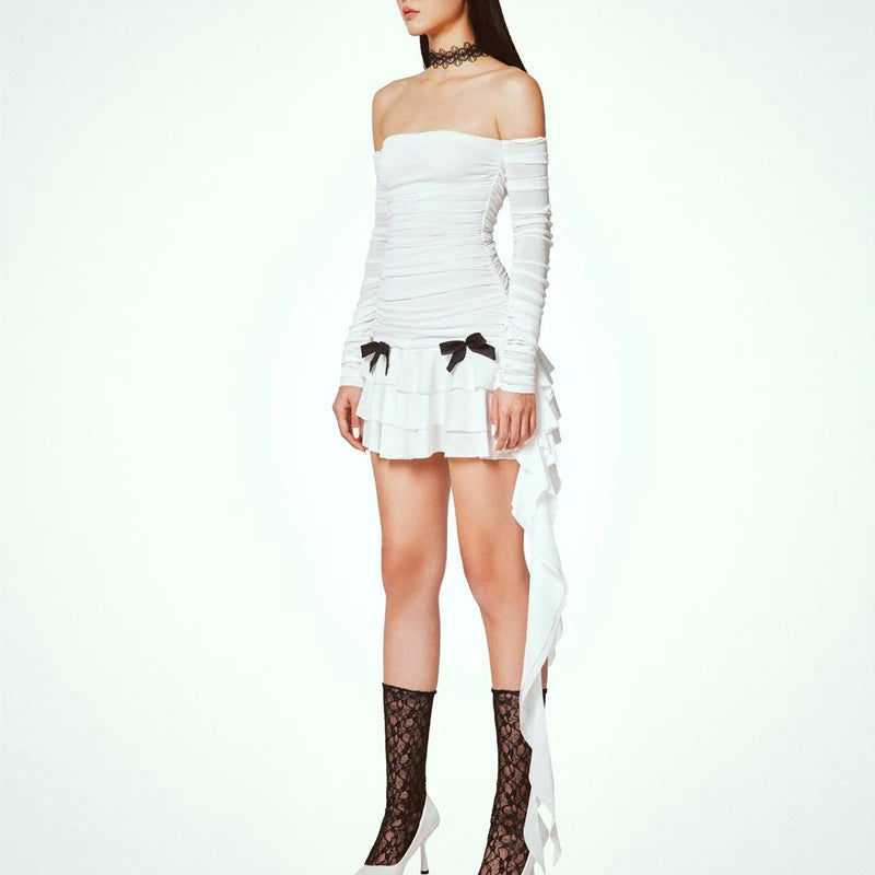 White Ruched Bow Off Shoulder Mini Dress