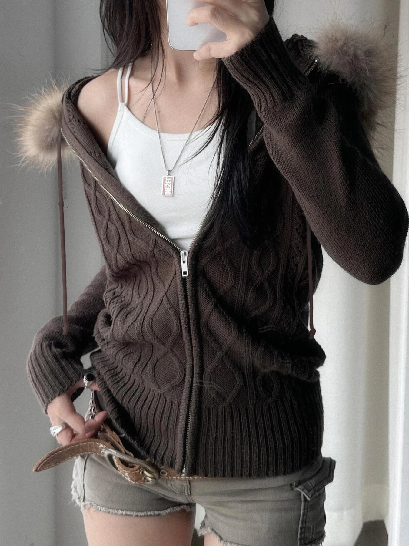 Zip Up Hoodie Coat 's Jackets Kintted Cardigan Twist Grain Fur Neck