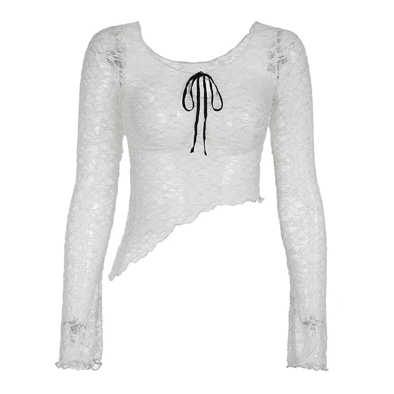 Crewneck See-through Lace Tee Shirt Long Sleeve Top