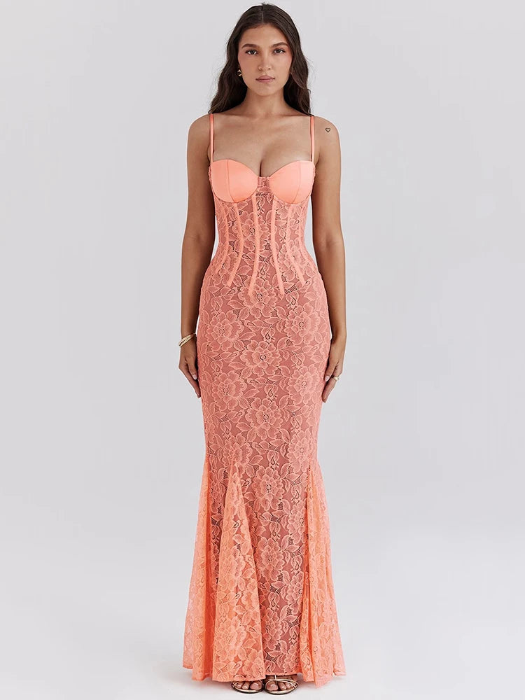 Floral Lace Maxi Dress For Orange Spaghetti Strap Sleeveless Backless Bodycon Long Dress