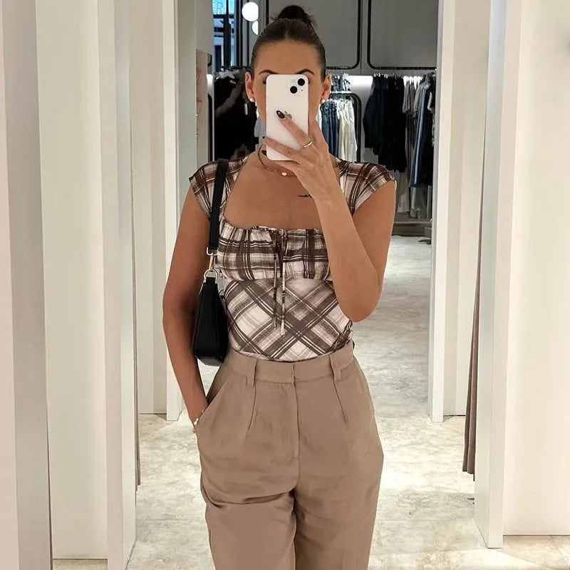 Brown Plaid Slim Top