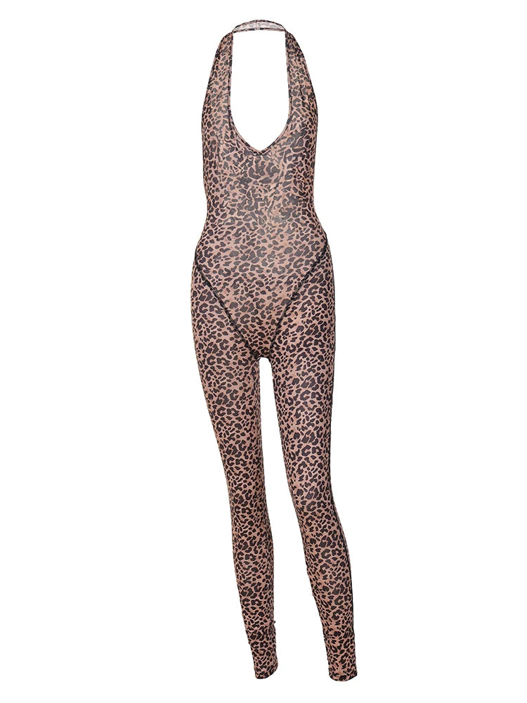 Playsuit Leopard ed Sleeveless Halter Deep V Neck Backless Jumpsuits Sport Drop Shipping