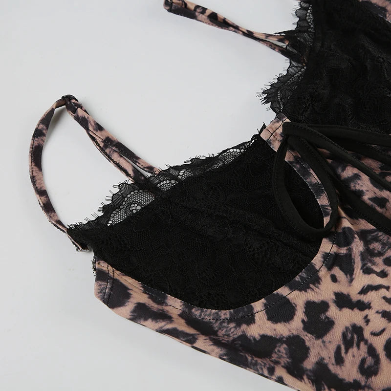 Leopard Print Patchwork Lace Dress Sleeveless Lace Up