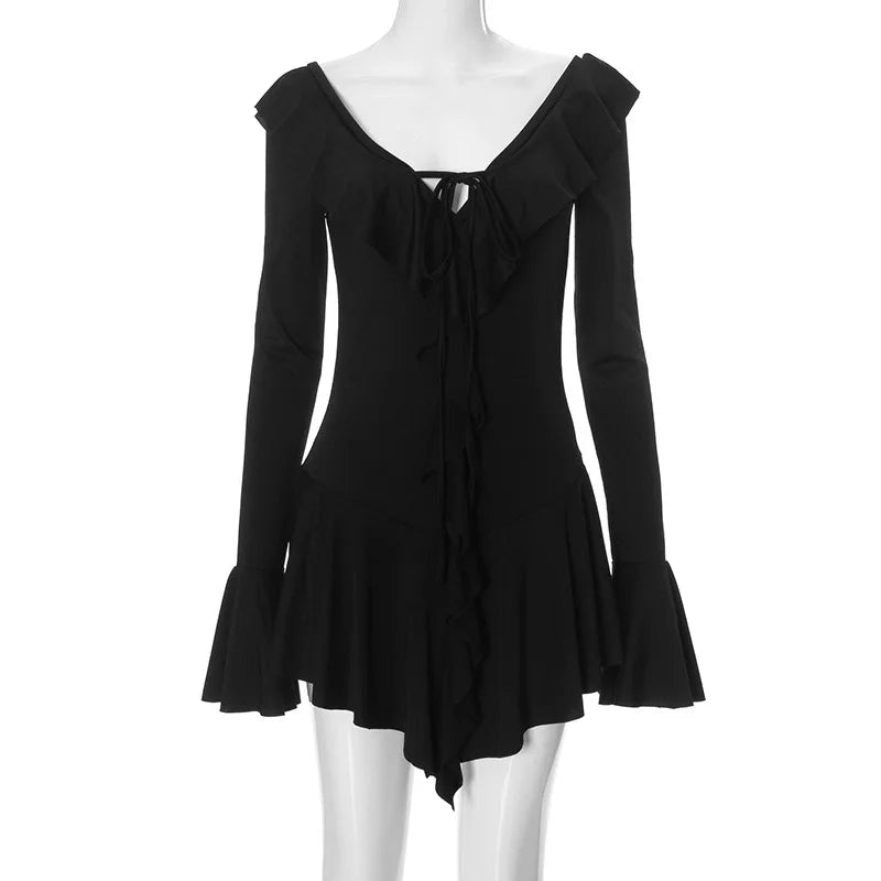 White Deep V Neck Ruffled Dress Long Flare Sleeve Short Dresses Slim